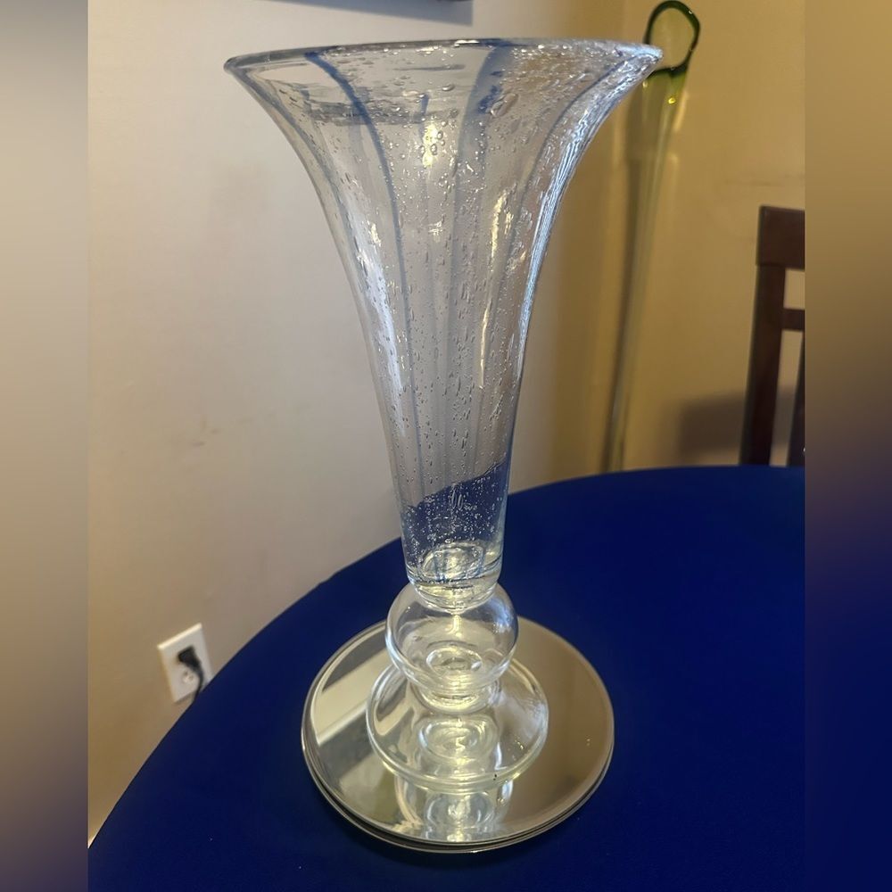 Vintage tall clear/blue stripes Pilgrim Trumpet Vase